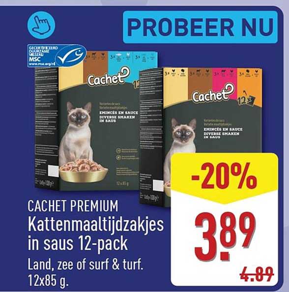 CACHET PREMIUM Kattenmaaltijdzakjes in saus 12-pack Land, zee of surf & turf. 12x85 g. -20%