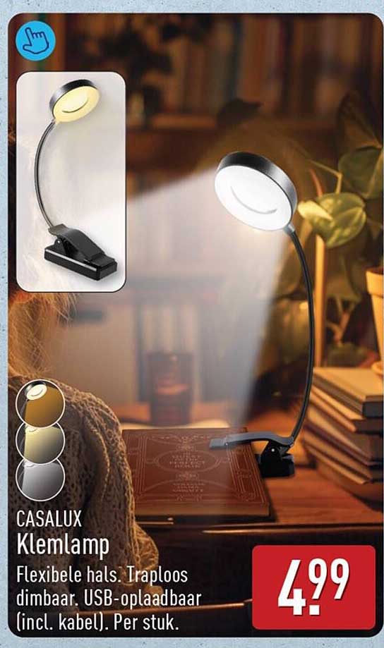 CASALUX Klemlamp Flexibele hals. Traploos dimbaar. USB-oplaadbaar (incl. kabel). Per stuk.