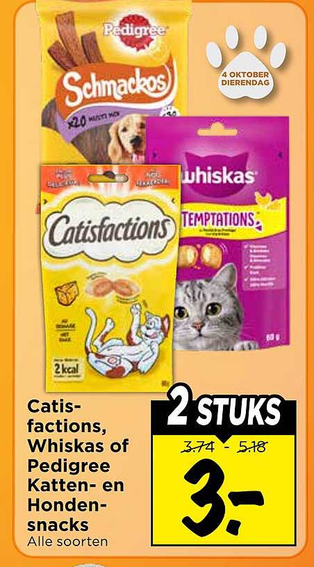 Catisfactions, Whiskas of Pedigree Katten- en Honden-snacks Alle soorten 2 STUKS