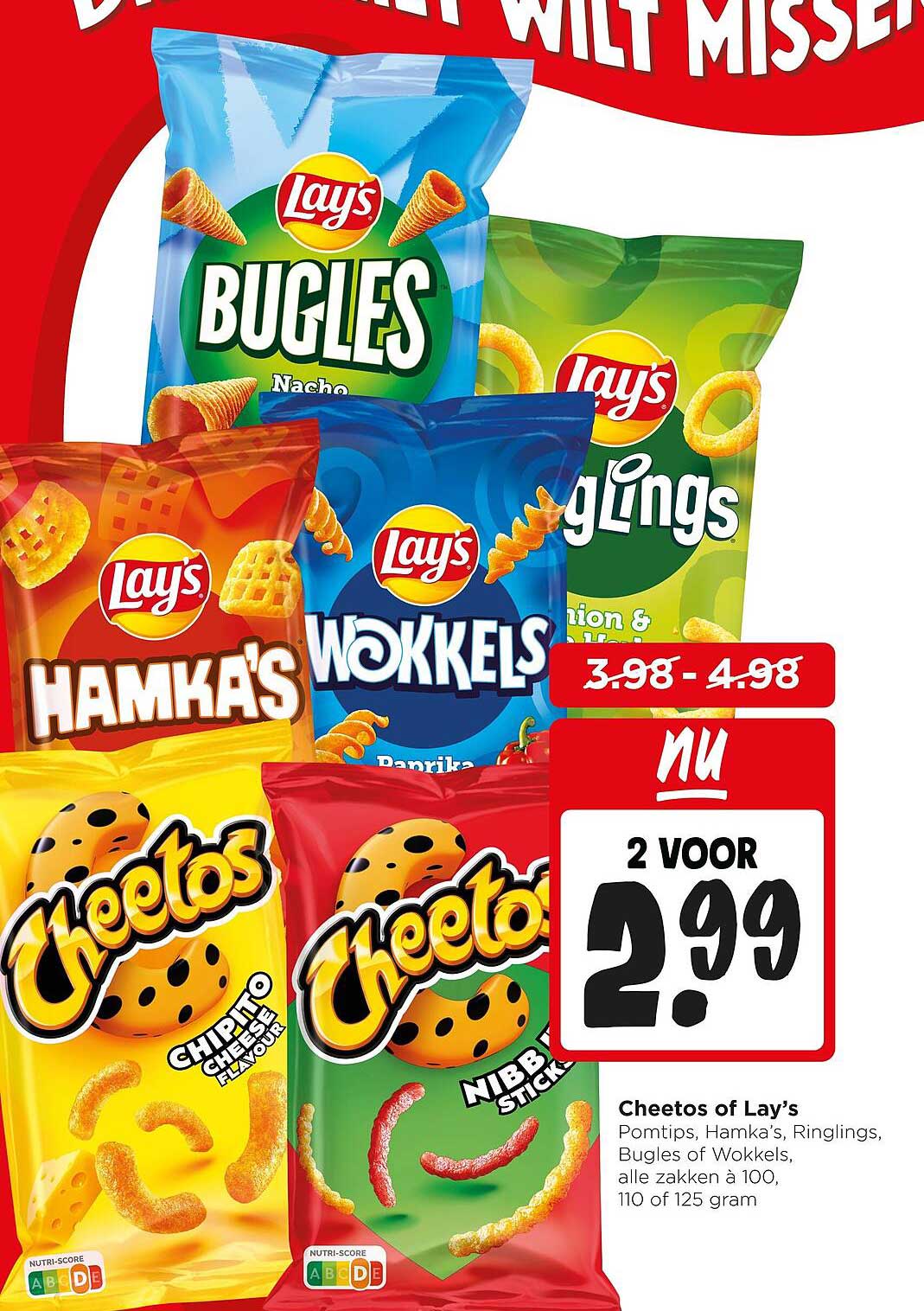 Cheetos of Lay’s Pomtips, Hamka’s, Ringlings, Bugles of Wokkels, alle zakken à 100, 110 of 125 gram