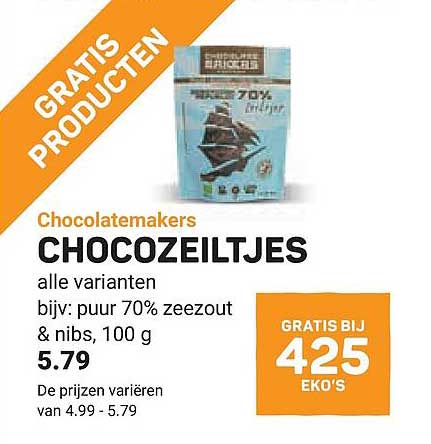 Chocolatemakers CHOCOZEILTJES alle varianten bijv: puur 70% zeezout & nibs, 100 g GRATIS PRODUCTEN GRATIS BIJ 425 EKO'S