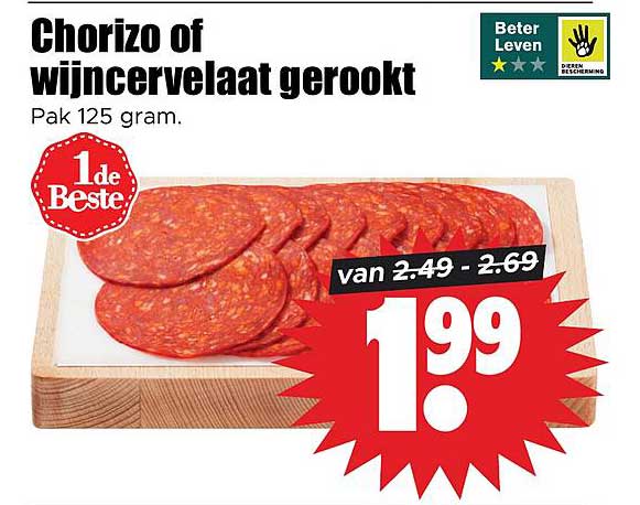Chorizo of wijncervelaat gerookt Pak 125 gram 1de Beste