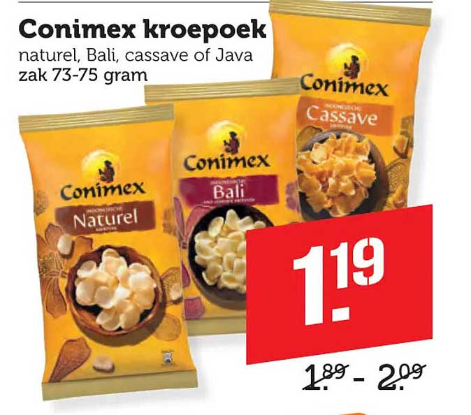 Conimex kroepoek naturel, Bali, cassave of Java zak 73-75 gram