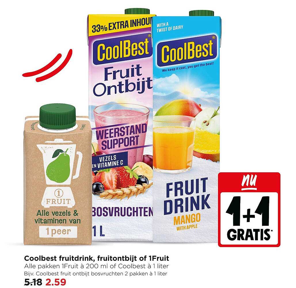 Coolbest fruitdrink, fruitontbijt of 1Fruit 1+1 gratis