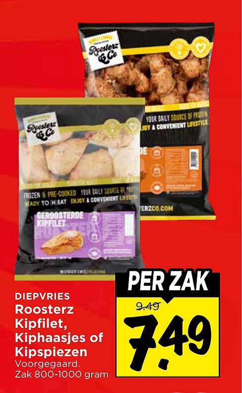Diepvries Roosterz Kipfilet, Kiph a asjes of Kipsiezen Voorgegaard. Zak 800-1000 gram PER ZAK