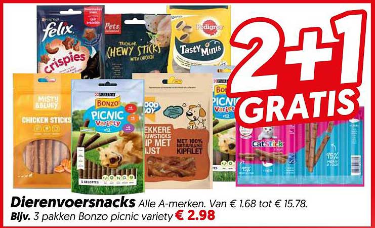 Dierenvoersnacks 2+1 GRATIS