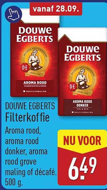 DOUWE EGBERTS Filterkoffie Aroma rood, aroma rood donker, aroma rood grove maling of décafé. 500 g.