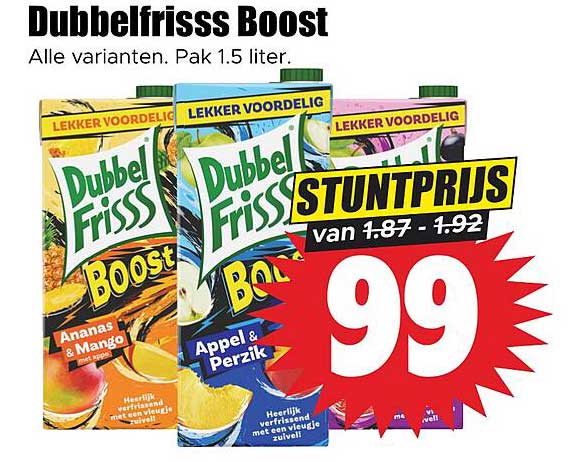 Dubbelfrisss Boost Alle varianten. Pak 1,5 liter. STUNTPRIJS