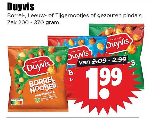 Duyvis Borrel-, Leeuw- of Tijgernootjes of gezouten pinda’s. Zak 200 - 370 gram.