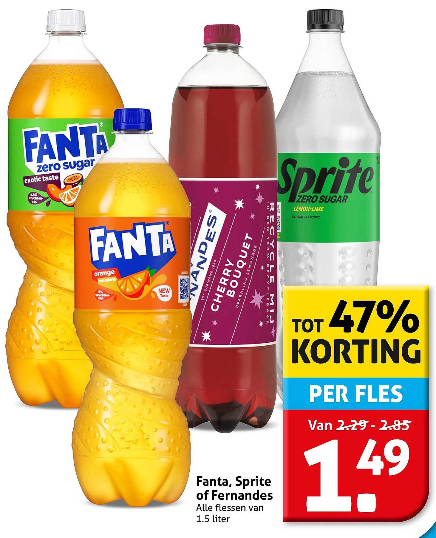 Fanta, Sprite of Fernandes Alle flessen van 1.5 liter tot 47% Korting per fles