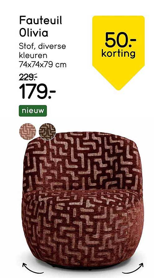 Fauteuil Olivia Stof, diverse kleuren 74x74x79 cm 50- korting