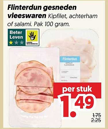 Flinterdun gesneden vleeswaren Kipfilet, achterham of salami. Pak 100 gram.