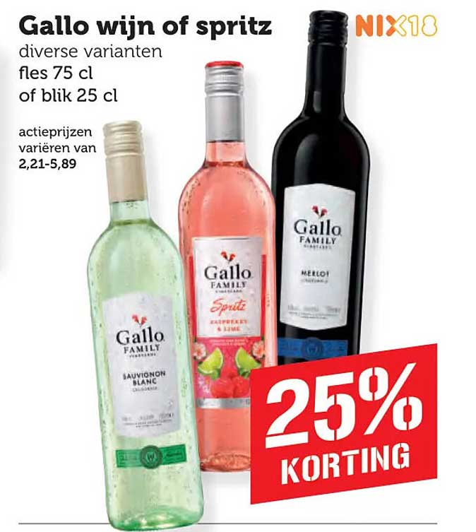 Gallo wijn of spritz diverse varianten fles 75 cl of blik 25 cl 25% korting