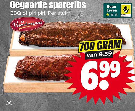 Gegaarde spareribs BBQ of piri piri. Per stuk.