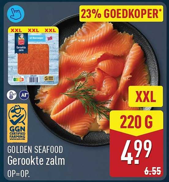 GOLDEN SEAFOOD Gerookte zalm XXL 220 G 23% GOEDKOPER*
