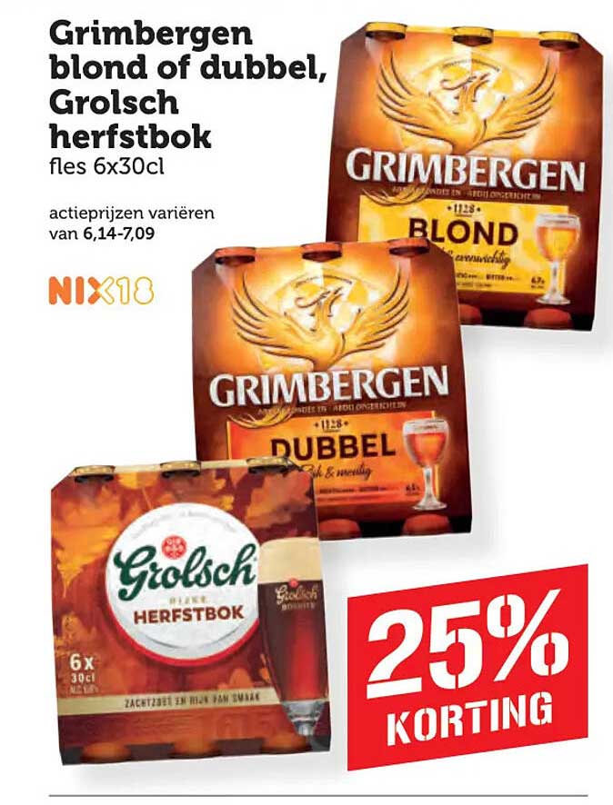 Grimbergen blond of dubbel, Grolsch herfstbok fles 6x30cl 25% korting