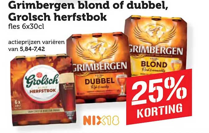 Grimbergen blond of dubbel, Grolsch herfstbok fles 6x30cl 25% KORTING