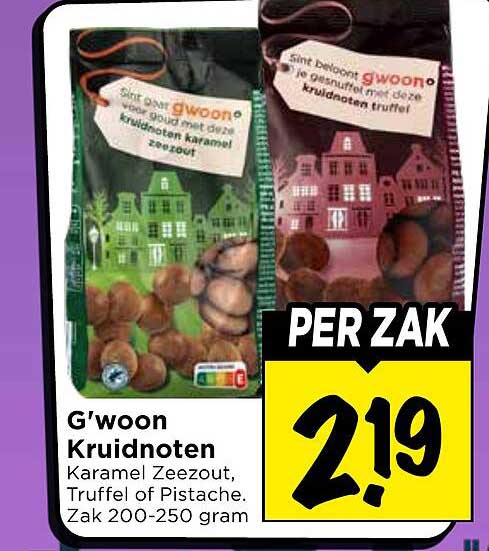 G'woon Kruidnoten Karamel Zeezout, Truffel of Pistache. Zak 200-250 gram