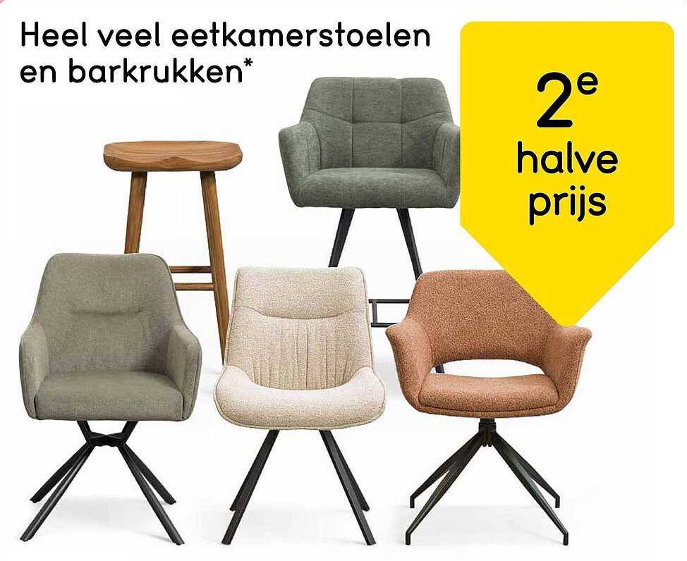 Heel veel eetkamerstoelen en barkrukken 2e halve prijs
