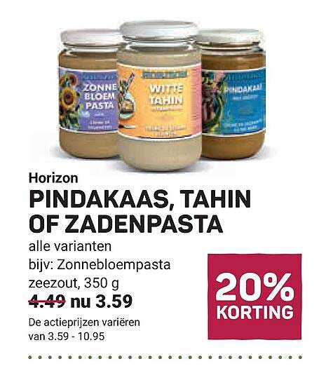 Horizon Pindakaas, tahin of zadenpasta alle varianten bijv: Zonnebloempasta zeezout, 350 g 20% KORTING