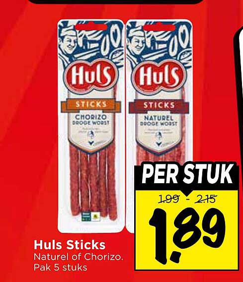 Huls Sticks Naturel of Chorizo. Pak 5 stuks