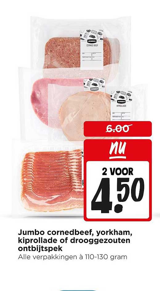 Jumbo cornedbeef, yorkham, kiprollade of drooggezouten ontbijtspek