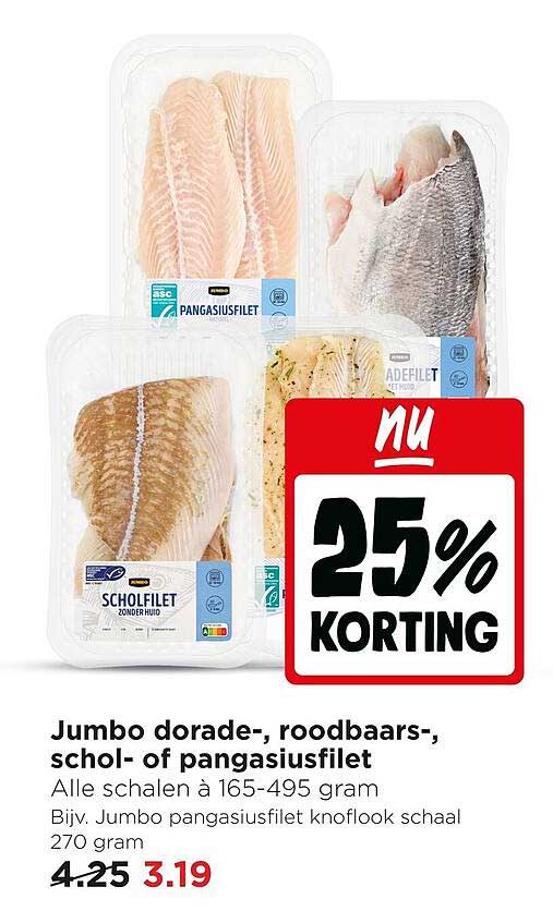 Jumbo dorade-, roodbaars-, schol- of pangasiusfilet 25% korting
