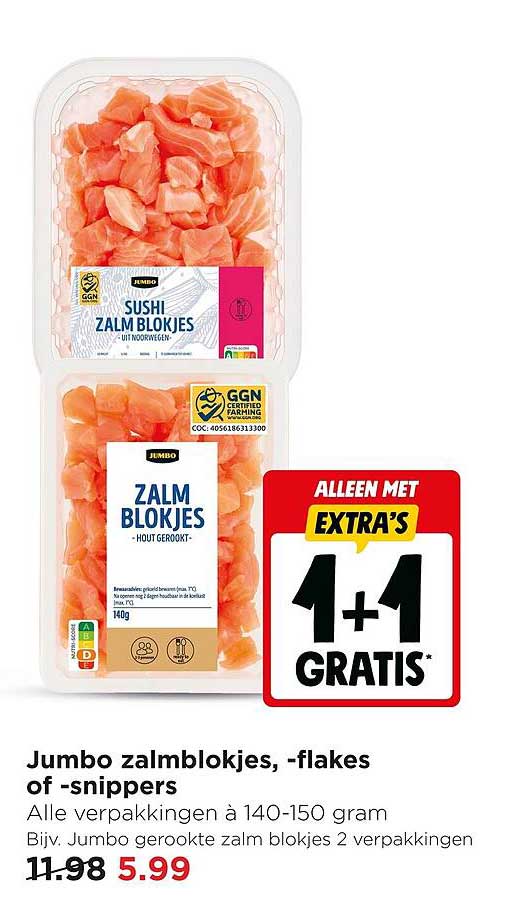 Jumbo zalmblokjes, -flakes of -snippers 1+1 gratis