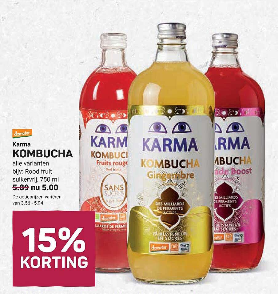 Karma KOMBUCHA alle varianten, bijv: Rood fruit suikervrij, 750 ml 15% KORTING