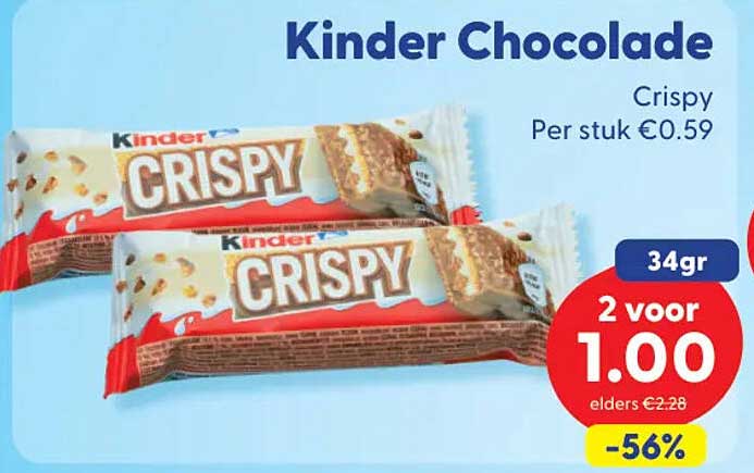 Kinder Chocolade Crispy 34gr 2 voor 1.00