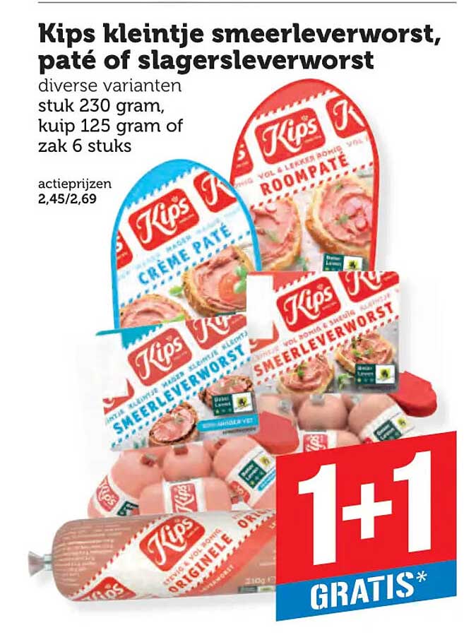 Kips kleintje smeerleverworst, paté of slagersleverworst 1+1 GRATIS