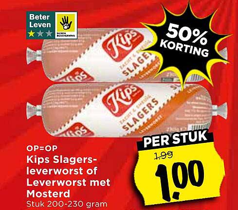 Kips Slagersleverworst of Leverworst met Mosterd PER STUK 50% KORTING
