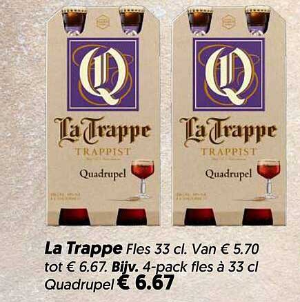 La Trappe Fles 33 cl. Van € 5.70 tot € 6.67. Bijv. 4-pack fles à 33 cl Quadrupel