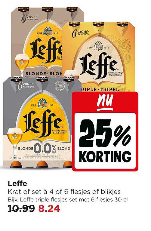 Leffe Krat of set à 4 of 6 flesjes of blikjes 25% KORTING