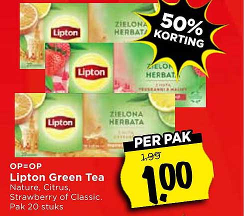 Lipton Green Tea Nature, Citrus, Strawberry of Classic. Pak 20 stuks 50% KORTING