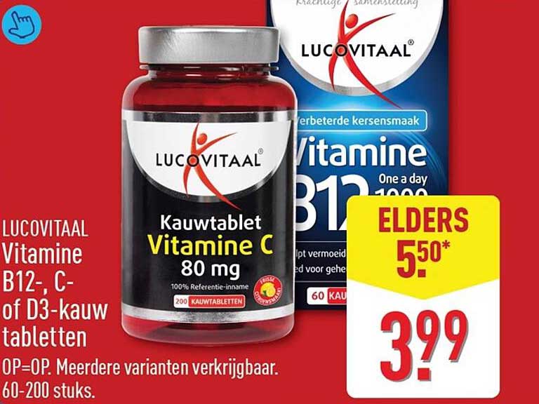 LUCOVITAAL Vitamine B12-, C- of D3-kauwtabletten 60-200 stuks. ELDERS 5.50* 3.99