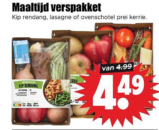 Maaltijd verspakket Kip rendang, lasagne of ovenschotel prei kerrie.