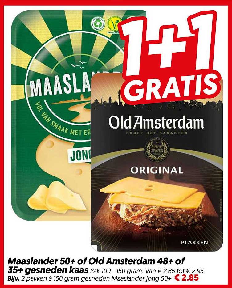 Maaslander 50+ of Old Amsterdam 48+ of 35+ gesneden kaas 1+1 gratis