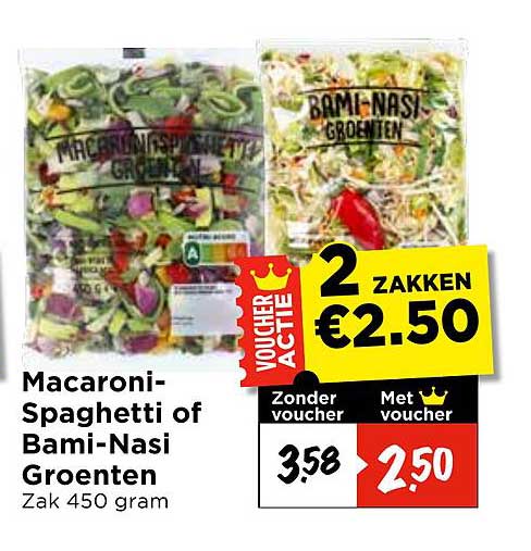 Macaroni-Spaghetti of Bami-Nasi Groenten 2 zakken €2.50