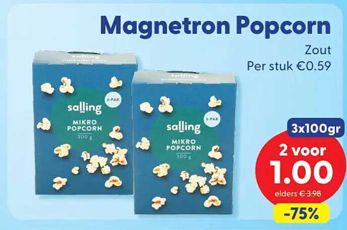 Magnetron Popcorn Zout 3x100gr 2 voor 1.00 -75%