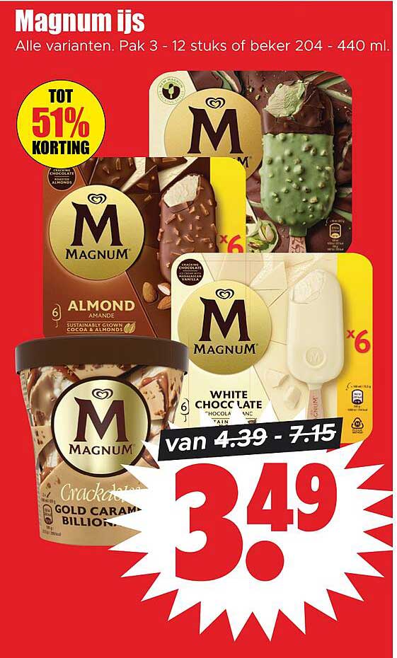 Magnum ijs Alle varianten. Pak 3 - 12 stuks of beker 204 - 440 ml. TOT 51% KORTING