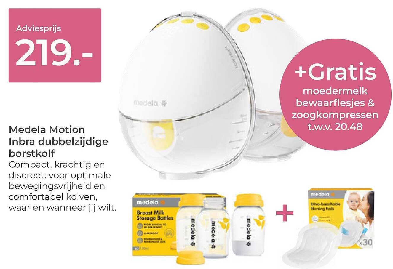 Medela Motion Inbra dubbelzijdige borstkolf +Gratis moedermelk bewaarflesjes & zoogkompressen t.w.v. 20.48