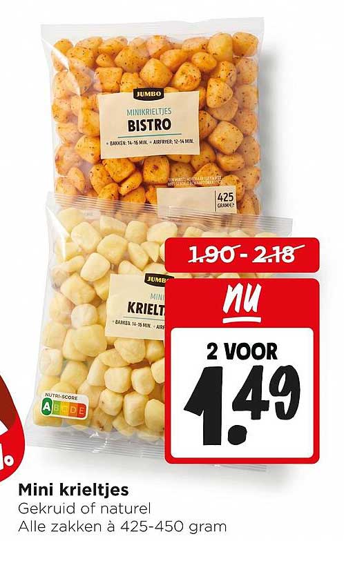 Mini krieltjes Gekruid of naturel Alle zakken à 425-450 gram 2 voor 1.49