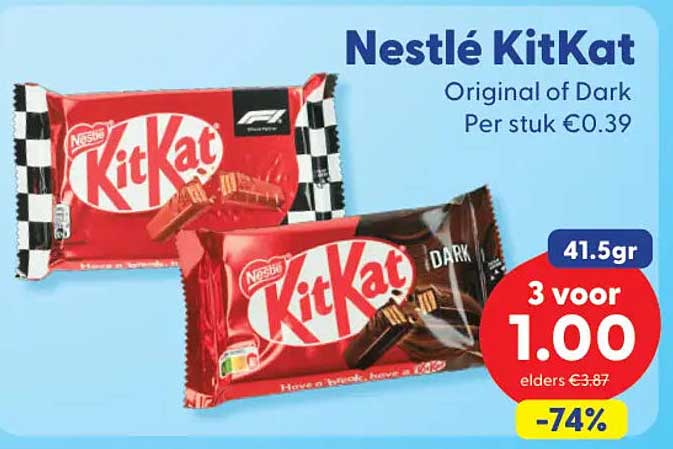 Nestlé KitKat Original of Dark Per stuk €0.39 41.5gr 3 voor 1.00 -74%