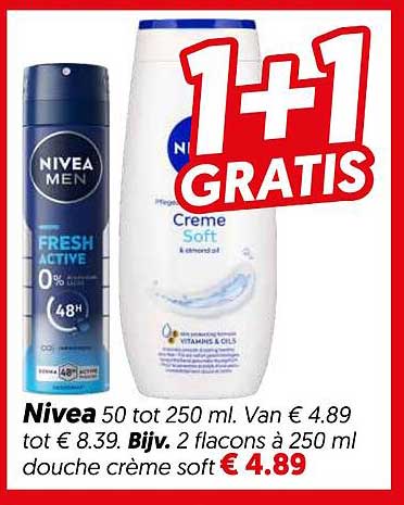 Nivea 50 tot 250 ml. Bijvoorbeeld 2 flacons à 250 ml douche crème soft 1+1 gratis