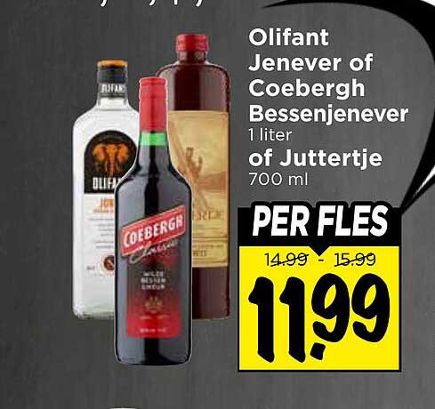 Olifant Jenever of Coebergh Bessenjenever 1 liter of Juttertje 700 ml PER FLES