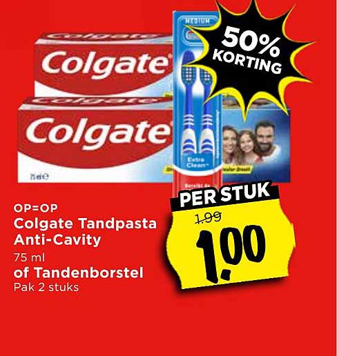 OP=OP Colgate Tandpasta Anti-Cavity 75 ml of Tandenborstel Pak 2 stuks 50% KORTING PER STUK