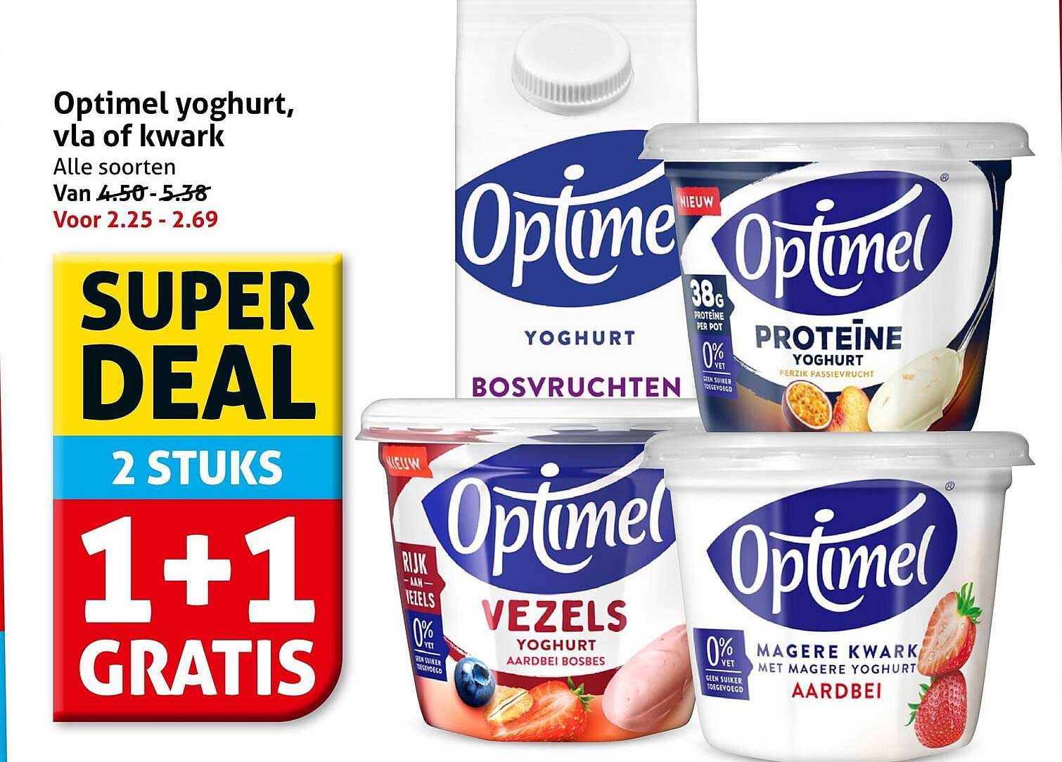 Optimel yoghurt, vla of kwark 1+1 gratis