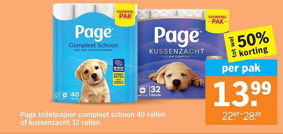 Page toiletpapier compleet schoon 40 rollen of kussenzacht 32 rollen tot wel 50% korting per pak