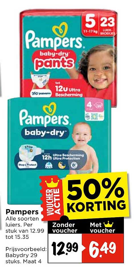Pampers Alle soorten luiers. Per stuk van 12.99 tot 15.35 50% KORTING